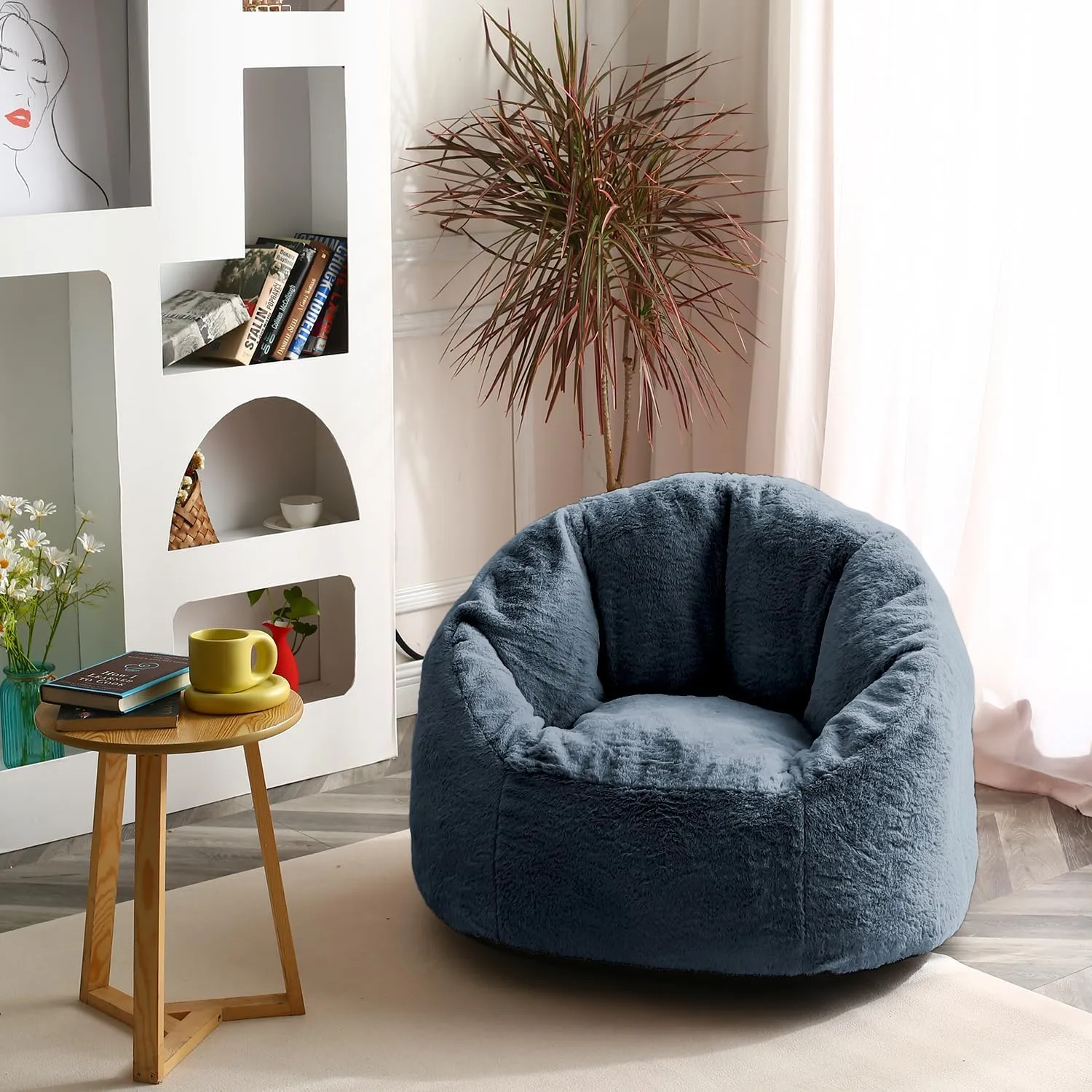 N&V Medium Shell Bean Bag Chair, Adult Size Bean Bag Sack, Foam Filling, Includes Removable and Machine Washable Cover, 37in, Soft Faux Fur, Blue