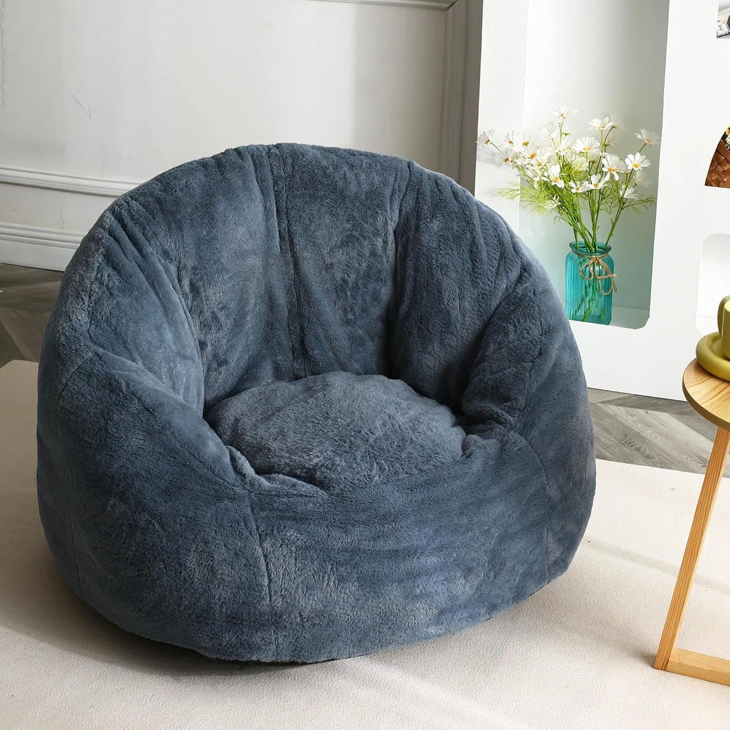 N&V Medium Shell Bean Bag Chair, Adult Size Bean Bag Sack, Foam Filling, Includes Removable and Machine Washable Cover, 37in, Soft Faux Fur, Blue