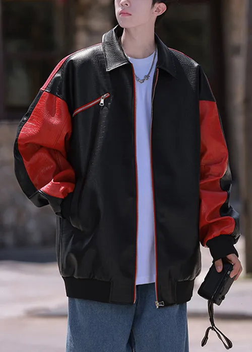 New Black Zip Up Letter Faux Leather Patchwork Mens Coats Spring RN027