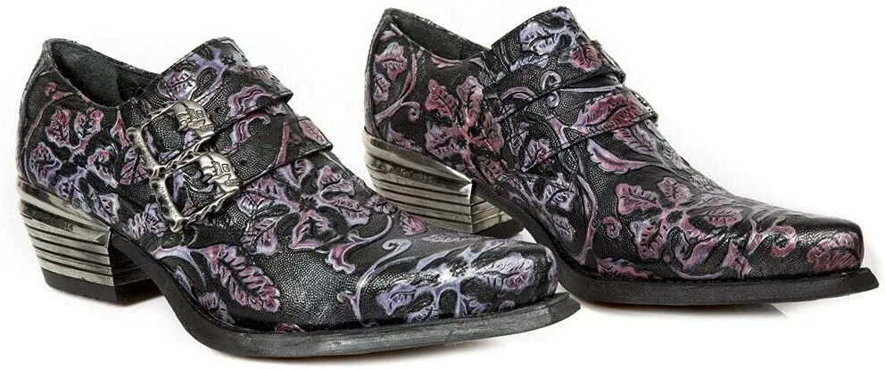 New Rock 7960 Mens Embossed Vintage Leather Buckle Steel Heel Shoes