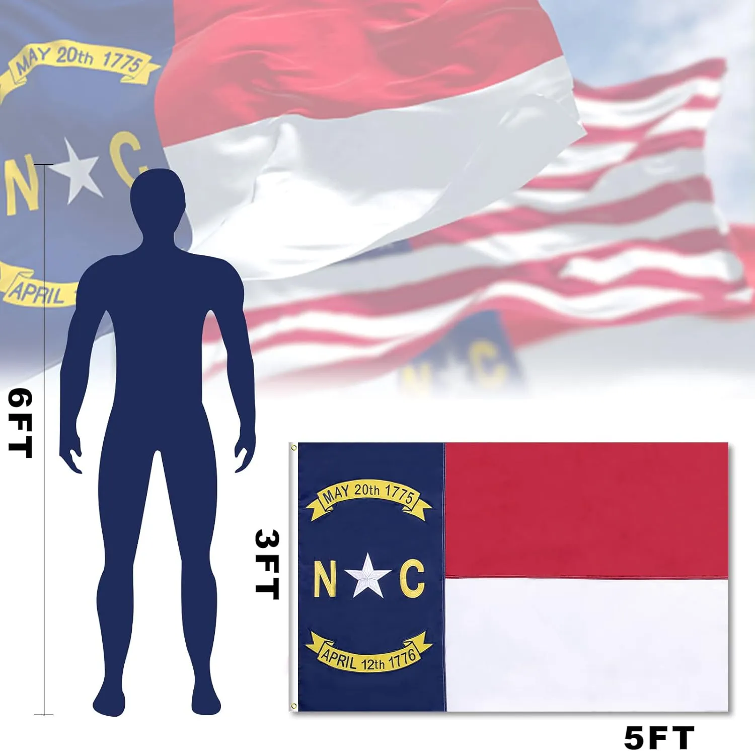 North Carolina Flag 3x5ft, NC State The Old North State, Heavy Duty Embroidered Stars Outdoor Indoor All Weather 210D Nylon Burgee With Strong Canvas Header/Brass Grommets