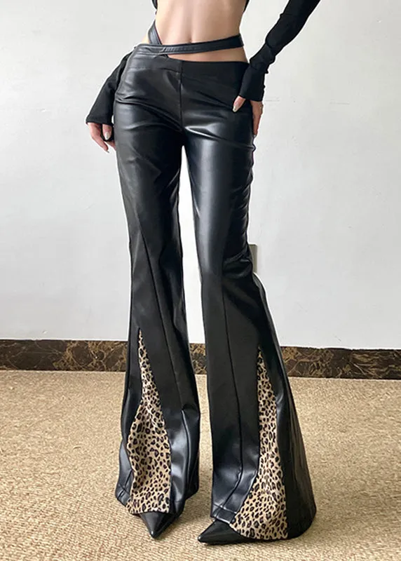 Organic Black Asymmetrical Patchwork Leopard Faux Leather Flare Bottoms Spring YP032