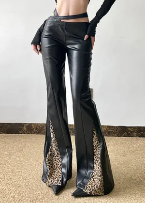 Organic Black Asymmetrical Patchwork Leopard Faux Leather Flare Bottoms Spring YP032