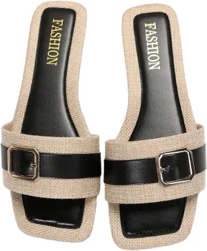 OYOANGLE Women's Buckle Square Toe Sandals Single Band Slip On Flat Sandals Trendy Casual Outdoor Slide Shoes
