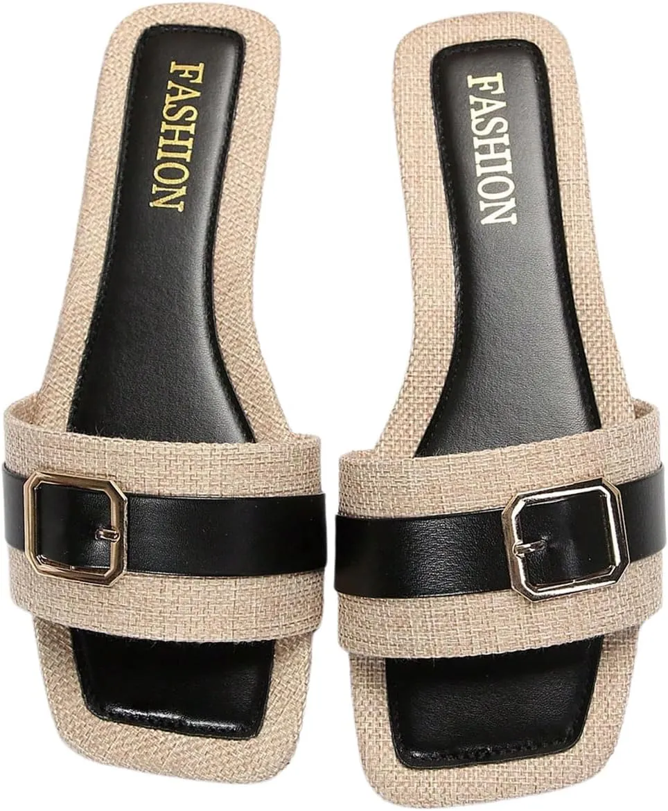 OYOANGLE Women's Buckle Square Toe Sandals Single Band Slip On Flat Sandals Trendy Casual Outdoor Slide Shoes