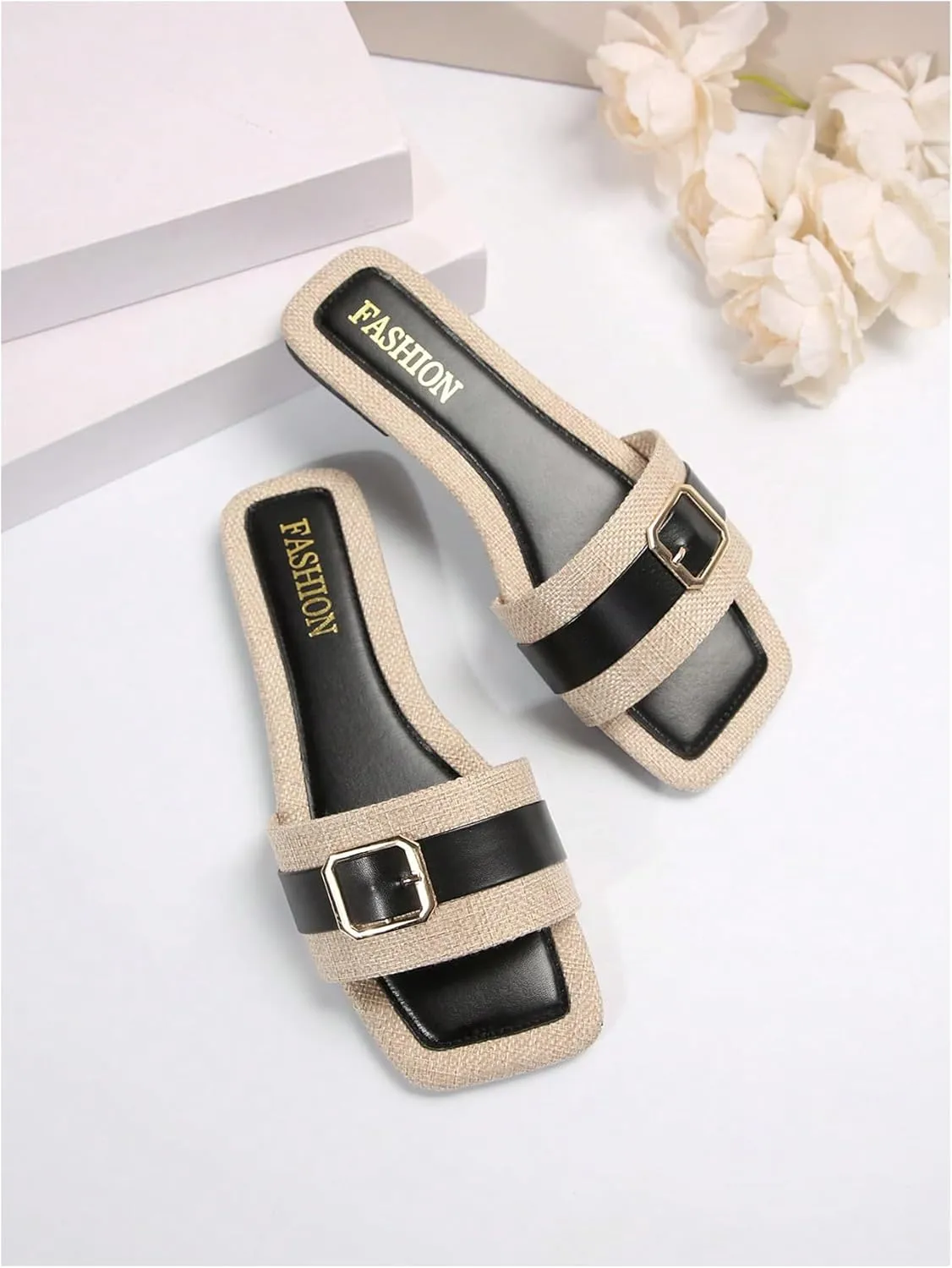 OYOANGLE Women's Buckle Square Toe Sandals Single Band Slip On Flat Sandals Trendy Casual Outdoor Slide Shoes