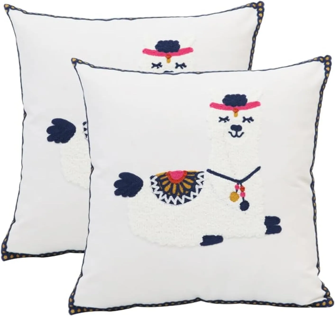 Pack of 2 Embroidered Decorative Throw Pillow Cover 18x18 Inch Farmhouse Floral Pillowcase for Living Room Sofa Bed (Cute Llama)