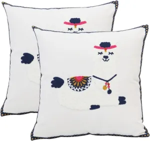 Pack of 2 Embroidered Decorative Throw Pillow Cover 18x18 Inch Farmhouse Floral Pillowcase for Living Room Sofa Bed (Cute Llama)