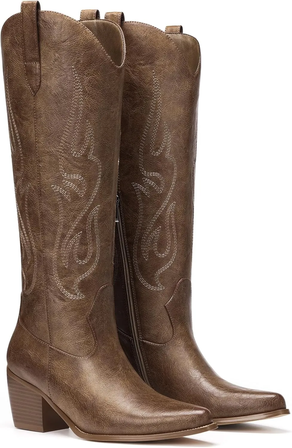 Pasuot Western Cowboy Boots for Women - Knee High Wide Calf Cowgirl Boots with Classic Embroidered, Slip On Pointed Toe Chunky Heel Fashion Retro Classic Pull On Tall Boot for Girls Ladies Fall Winter
