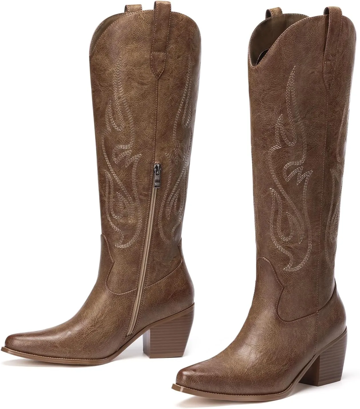 Pasuot Western Cowboy Boots for Women - Knee High Wide Calf Cowgirl Boots with Classic Embroidered, Slip On Pointed Toe Chunky Heel Fashion Retro Classic Pull On Tall Boot for Girls Ladies Fall Winter