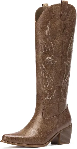 Pasuot Western Cowboy Boots for Women - Knee High Wide Calf Cowgirl Boots with Classic Embroidered, Slip On Pointed Toe Chunky Heel Fashion Retro Classic Pull On Tall Boot for Girls Ladies Fall Winter