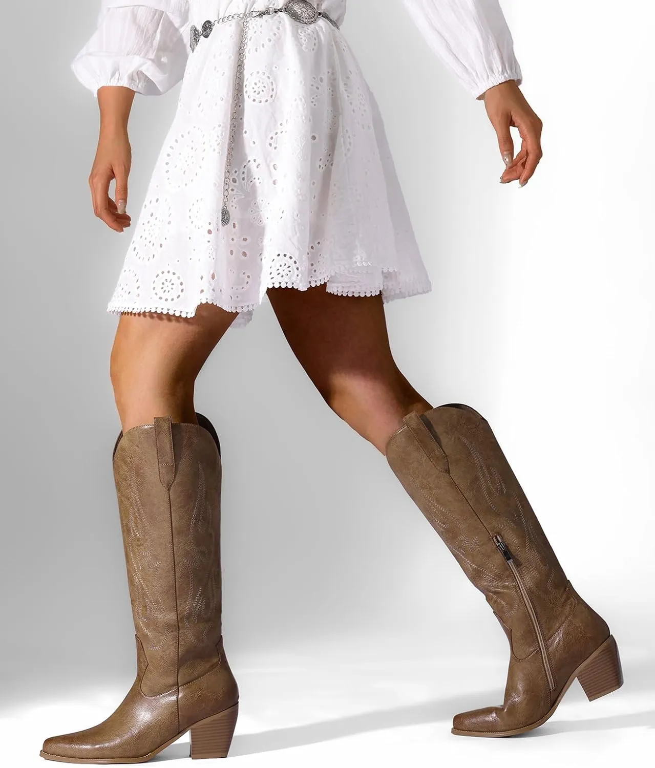 Pasuot Western Cowboy Boots for Women - Knee High Wide Calf Cowgirl Boots with Classic Embroidered, Slip On Pointed Toe Chunky Heel Fashion Retro Classic Pull On Tall Boot for Girls Ladies Fall Winter