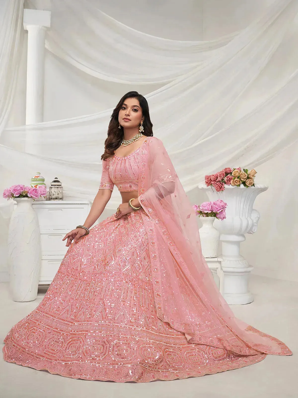 Peach Lehenga with Diamond Patterns & Sequins Work for Bridal Wedding Wear