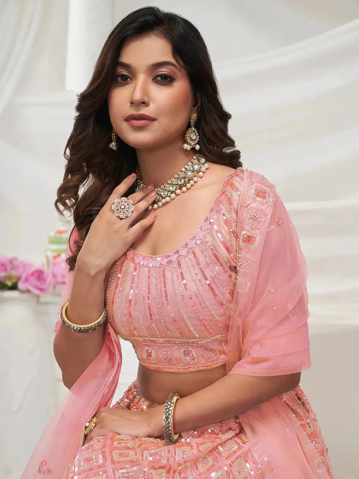 Peach Lehenga with Diamond Patterns & Sequins Work for Bridal Wedding Wear