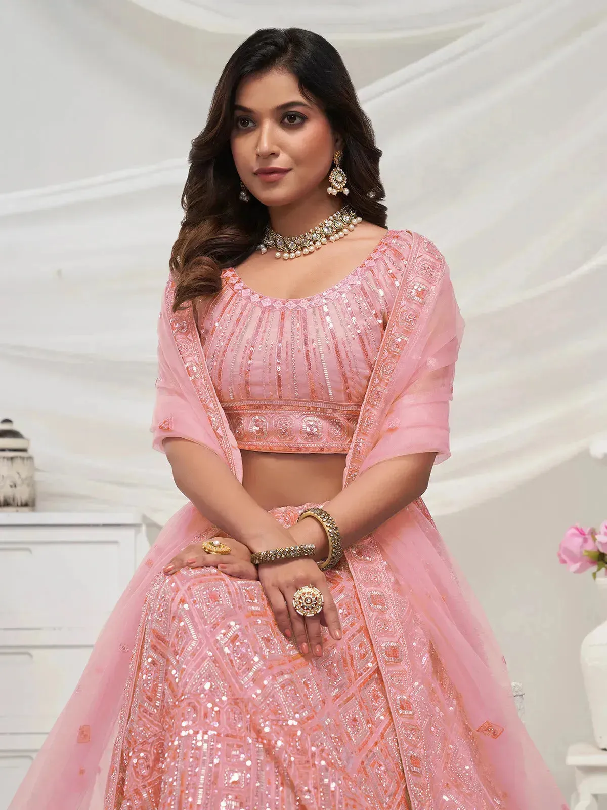 Peach Lehenga with Diamond Patterns & Sequins Work for Bridal Wedding Wear