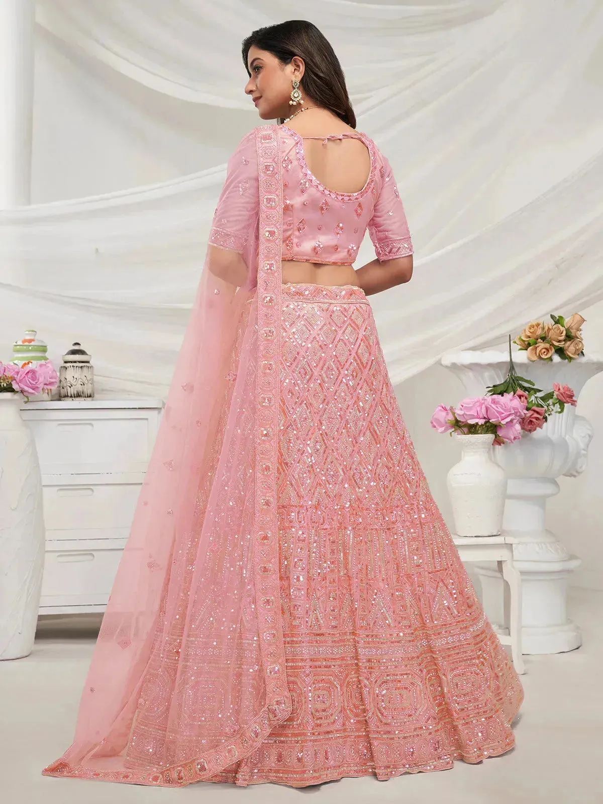 Peach Lehenga with Diamond Patterns & Sequins Work for Bridal Wedding Wear