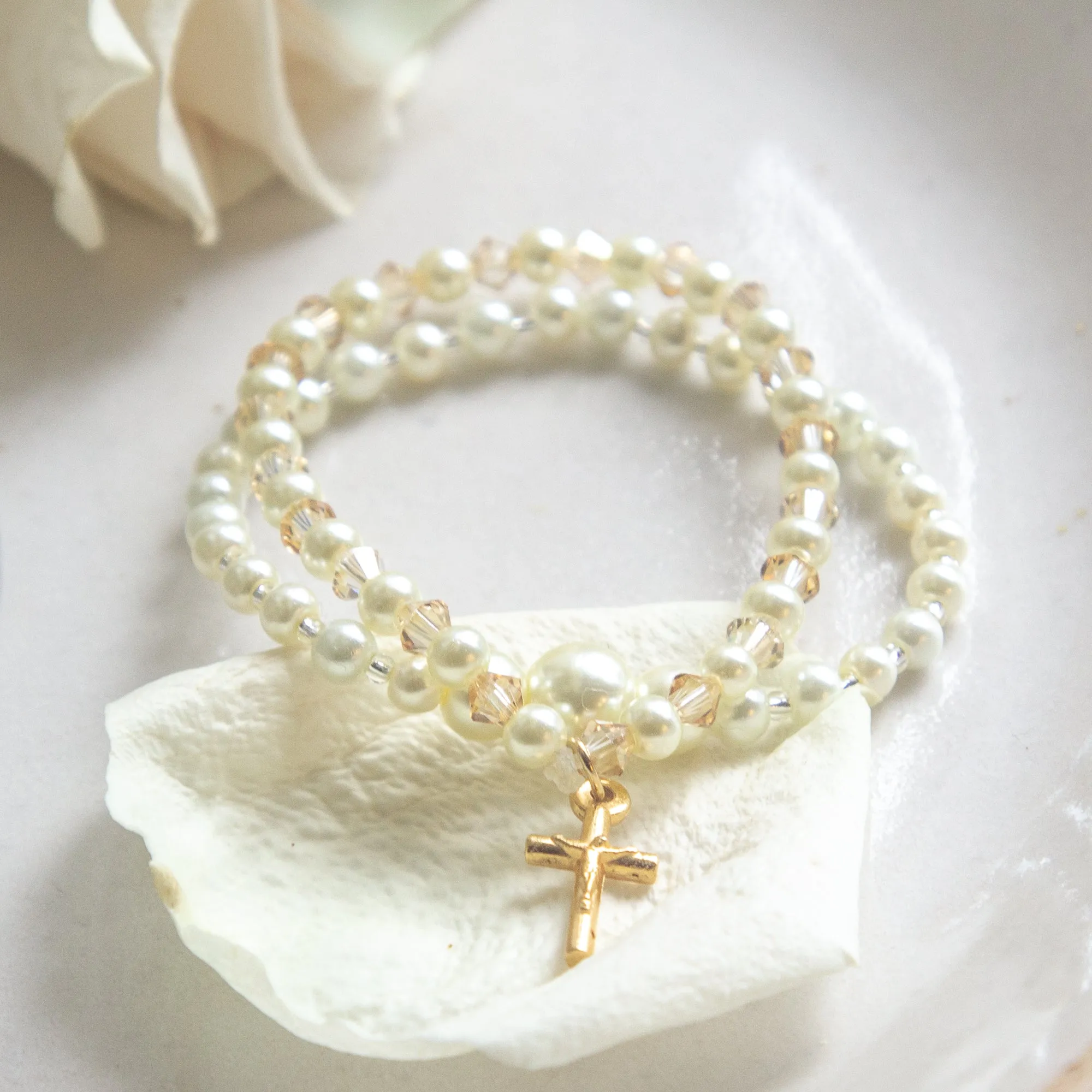 Pearl, Crystal & Gold First Communion Bracelet Set