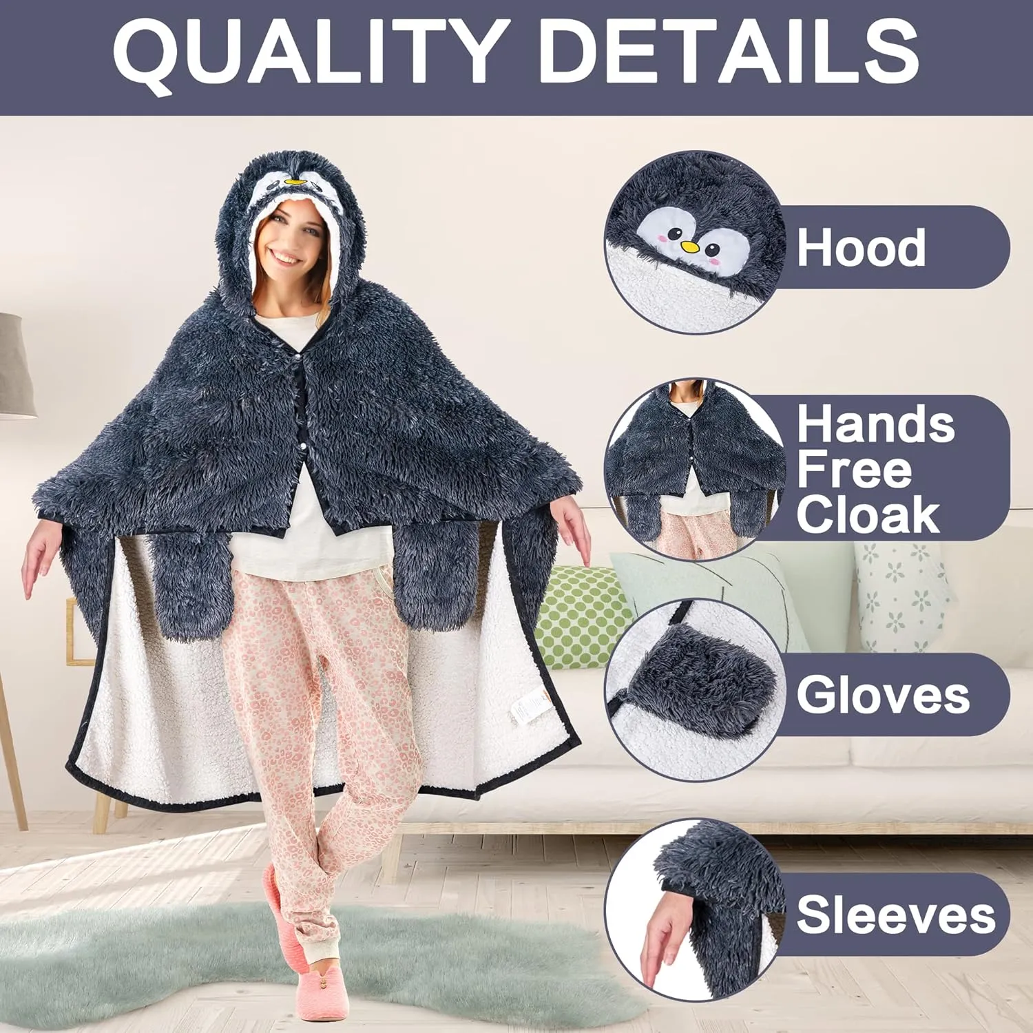 Penguin Wearable Hooded Blanket for Adults - Fluffy Super Soft Shaggy Faux Fur, Fuzzy Warm Cozy Plush Furry Fleece & Sherpa Hoodie Throw Cloak Wrap - Penguin Gifts for Women Adults and Kids