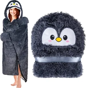 Penguin Wearable Hooded Blanket for Adults - Fluffy Super Soft Shaggy Faux Fur, Fuzzy Warm Cozy Plush Furry Fleece & Sherpa Hoodie Throw Cloak Wrap - Penguin Gifts for Women Adults and Kids