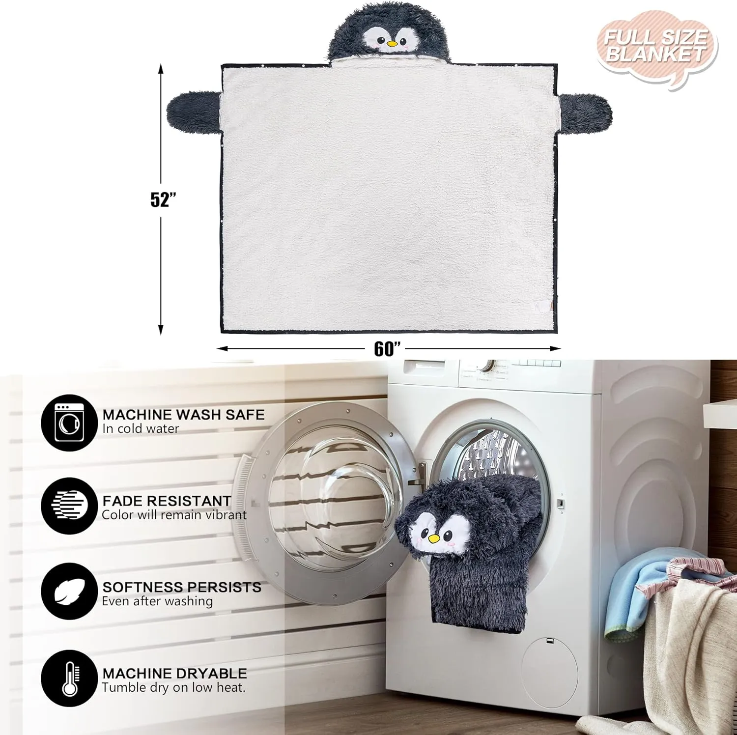 Penguin Wearable Hooded Blanket for Adults - Fluffy Super Soft Shaggy Faux Fur, Fuzzy Warm Cozy Plush Furry Fleece & Sherpa Hoodie Throw Cloak Wrap - Penguin Gifts for Women Adults and Kids