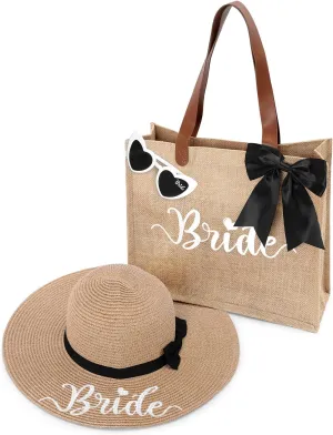 Percozzi Bride Set Including Tote Bag, Sun Hat, and Glasses for Honeymoon, Beach, Bridal Shower, and Summer Wedding Gifts