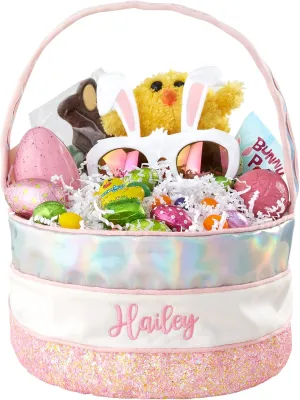 Personalization Universe Embroidered Iridescent Pink Easter Basket, Personalized Easter Bag With Handle, Customizable with Name, 8"x5" Size
