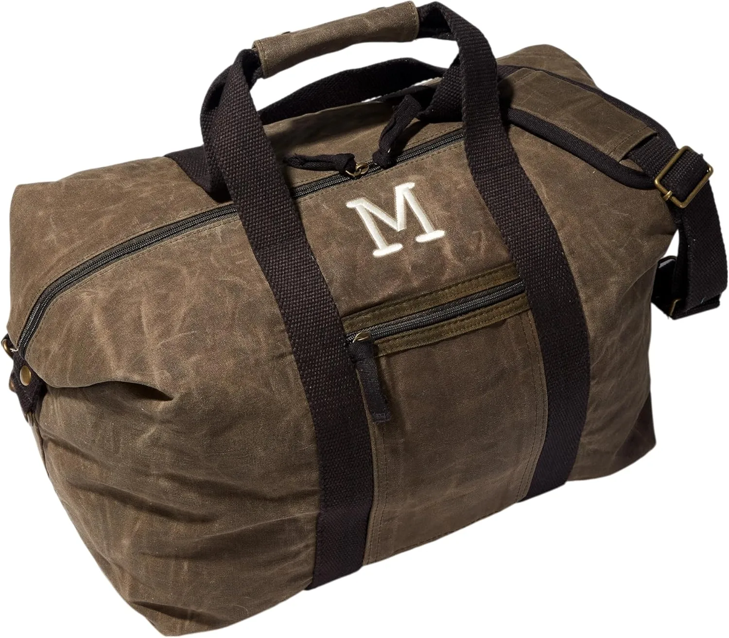 Personalization Universe Initial Embroidered Olive Waxed Canvas Weekender Bag