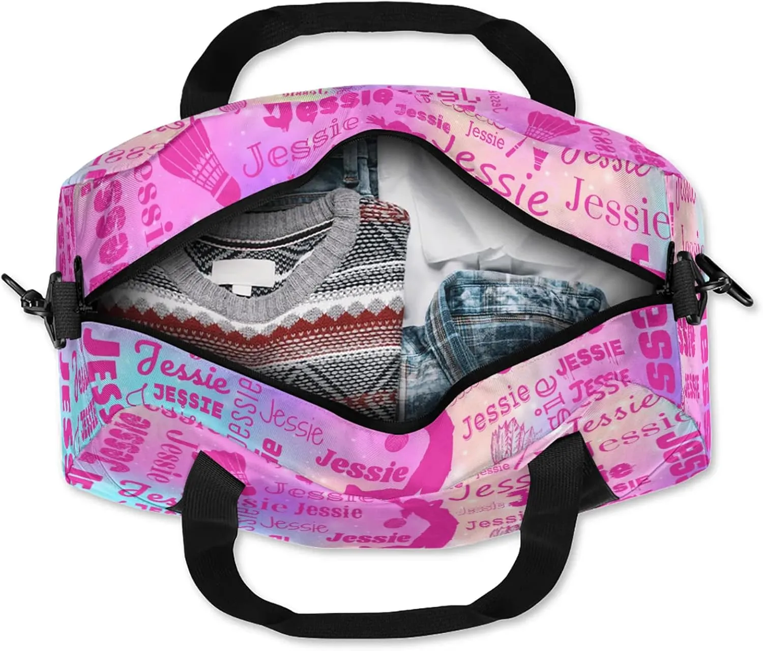 Personalized Badminton Sport Duffel Bag Custom Sports Bag Travel Overnight Shoulder Bags Customized Gifts for Women Men, Rainbow Sparkly