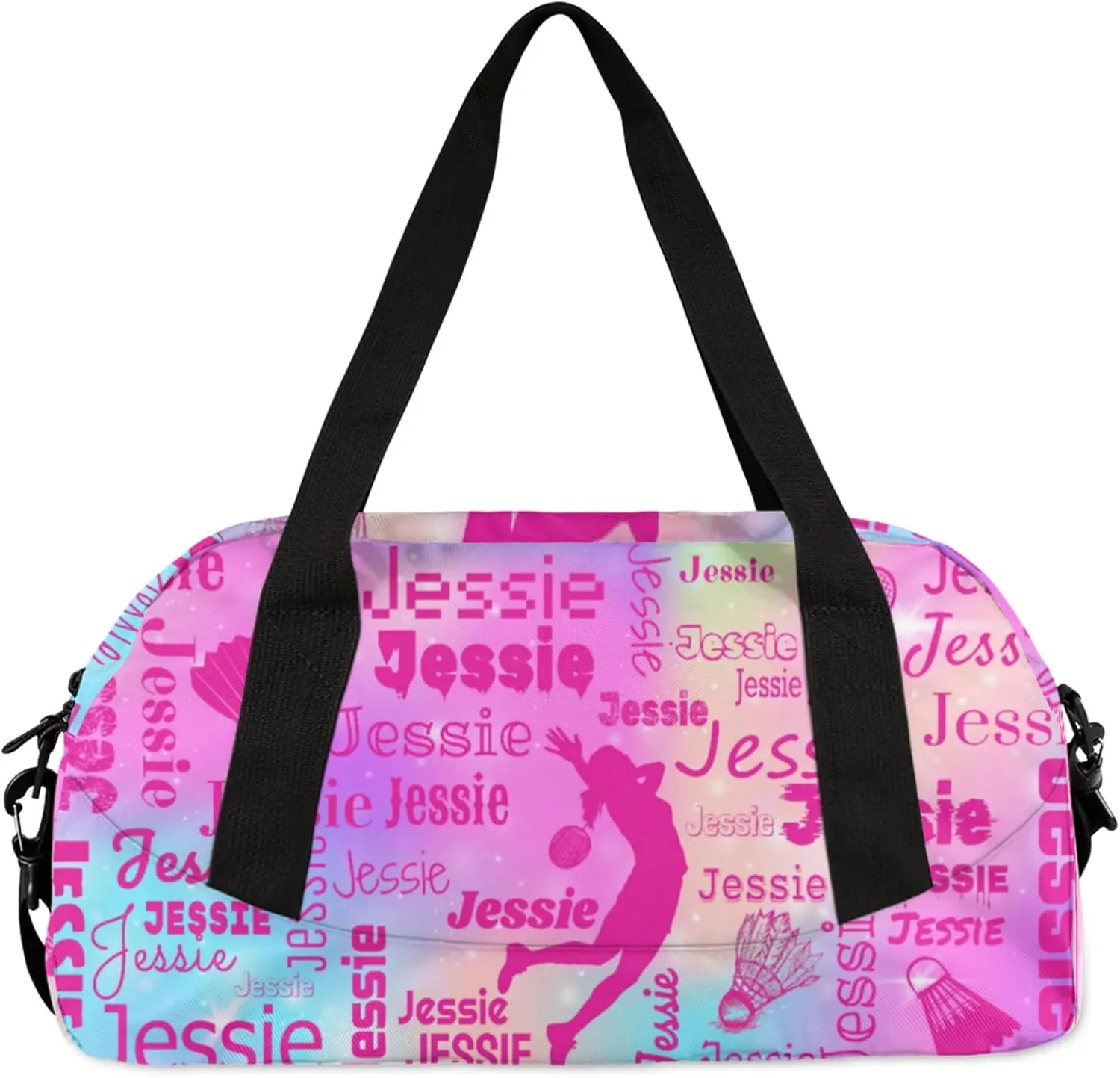Personalized Badminton Sport Duffel Bag Custom Sports Bag Travel Overnight Shoulder Bags Customized Gifts for Women Men, Rainbow Sparkly