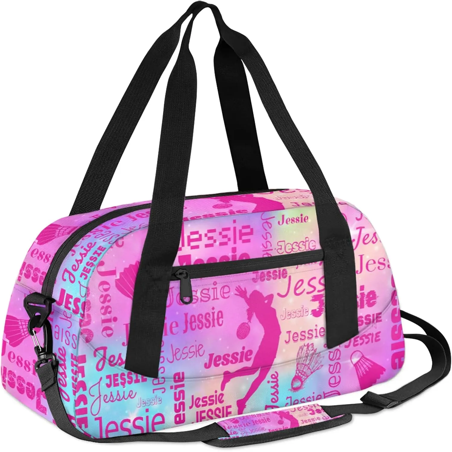 Personalized Badminton Sport Duffel Bag Custom Sports Bag Travel Overnight Shoulder Bags Customized Gifts for Women Men, Rainbow Sparkly