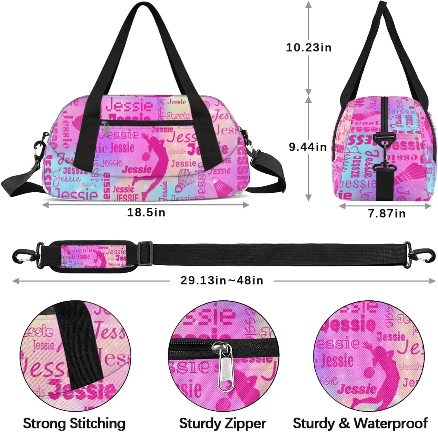 Personalized Badminton Sport Duffel Bag Custom Sports Bag Travel Overnight Shoulder Bags Customized Gifts for Women Men, Rainbow Sparkly