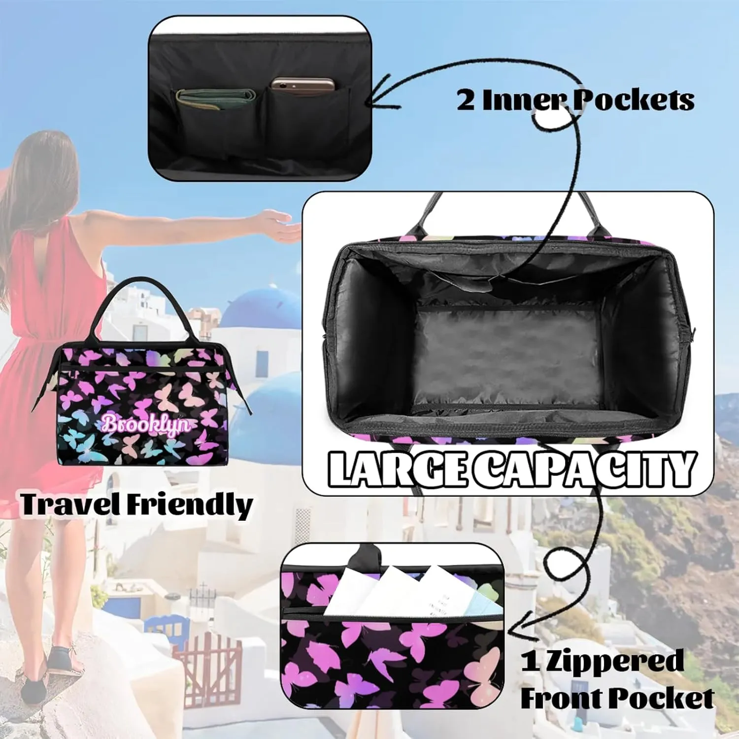 Personalized Butterfly Duffel Bag with Name Custom Travel Sports Bag for Women Men Waterproof Dance Ballet Bag Lightweight 15.2in, Rainbow Sparkly