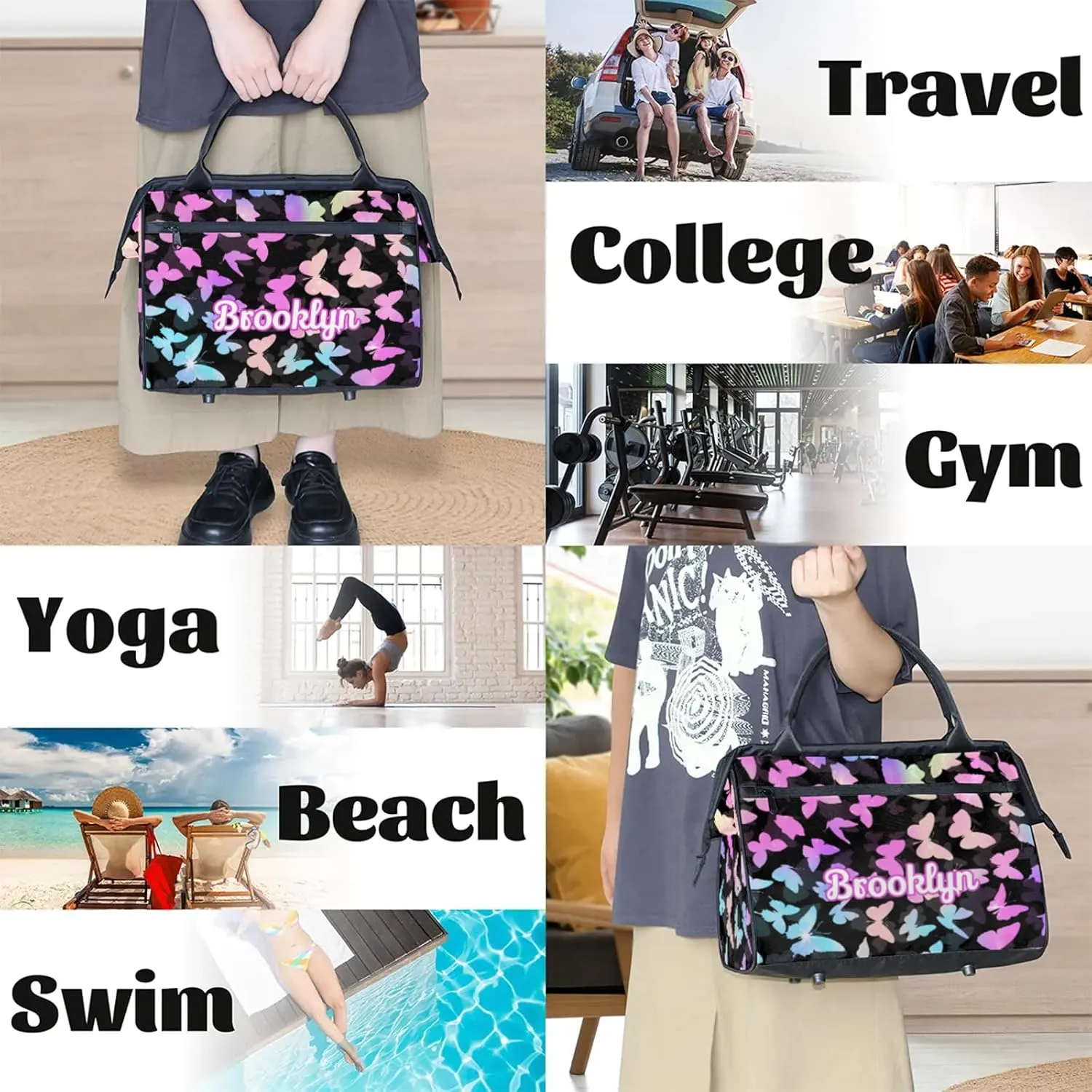 Personalized Butterfly Duffel Bag with Name Custom Travel Sports Bag for Women Men Waterproof Dance Ballet Bag Lightweight 15.2in, Rainbow Sparkly