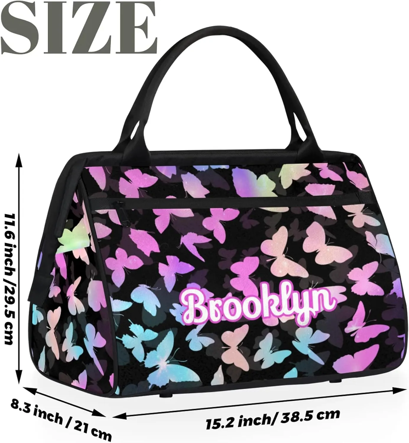 Personalized Butterfly Duffel Bag with Name Custom Travel Sports Bag for Women Men Waterproof Dance Ballet Bag Lightweight 15.2in, Rainbow Sparkly