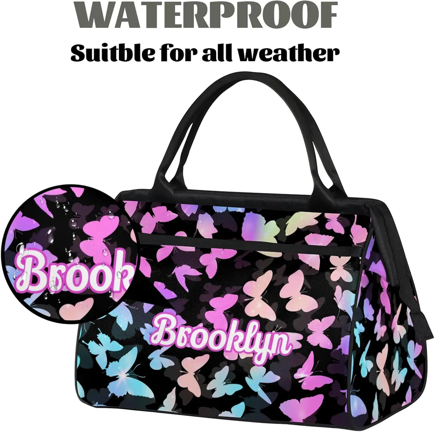 Personalized Butterfly Duffel Bag with Name Custom Travel Sports Bag for Women Men Waterproof Dance Ballet Bag Lightweight 15.2in, Rainbow Sparkly