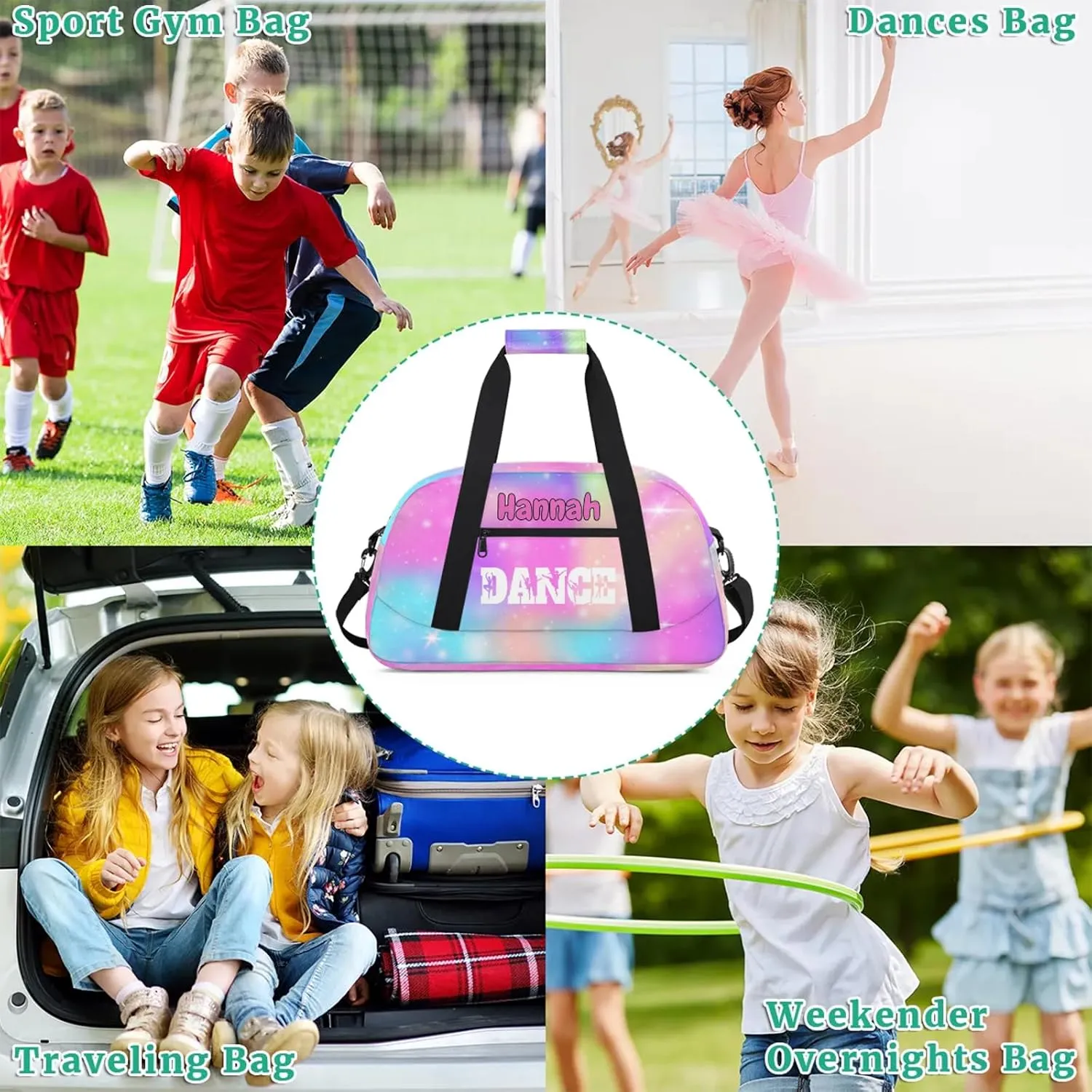 Personalized Dance Bag Gym Bag Custom Travel Overnight Bag Waterproof Sport Bag Lightweight Carry-On Tote for Women Men 18.9in, Rainbow Sparkly