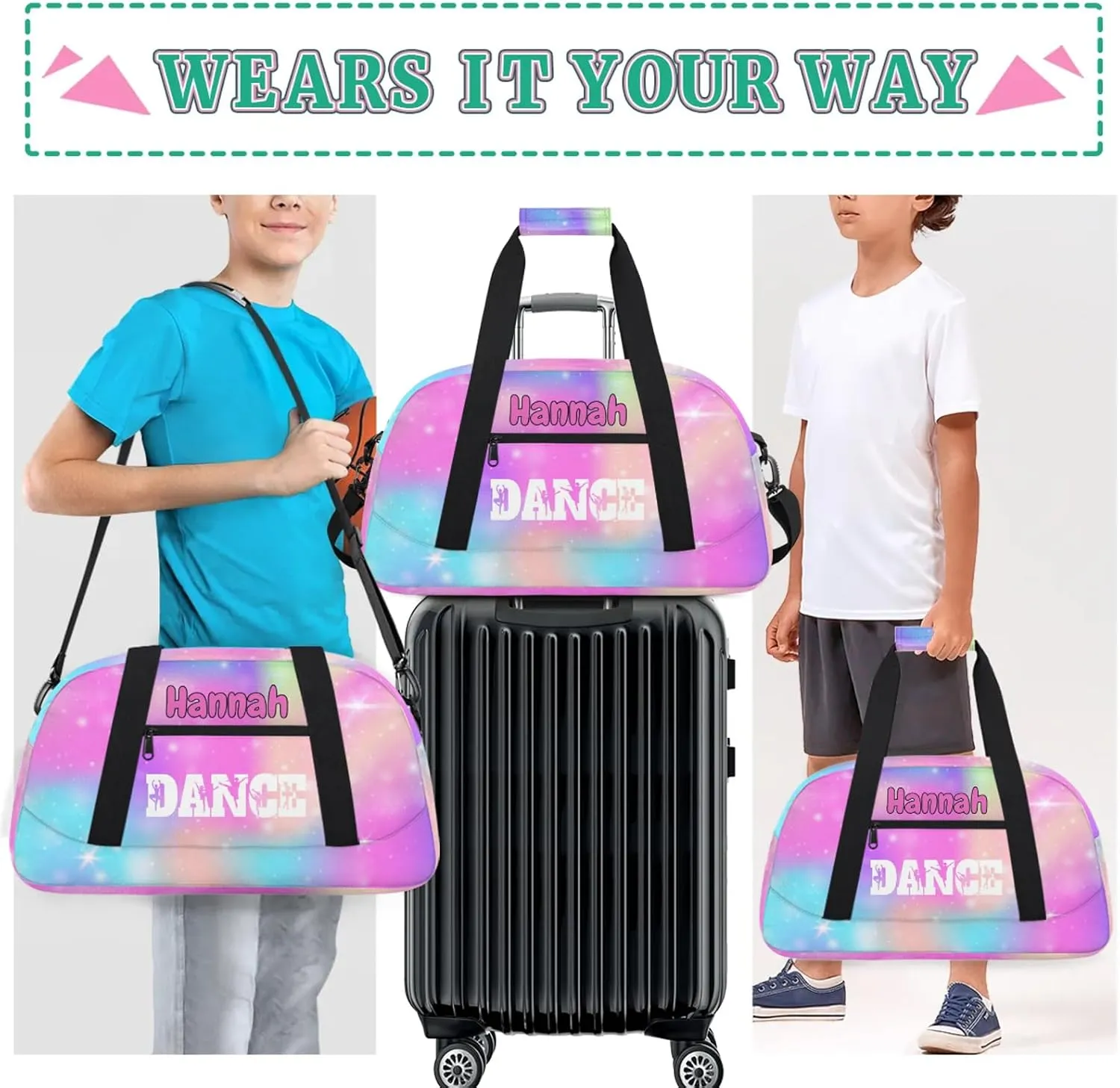 Personalized Dance Bag Gym Bag Custom Travel Overnight Bag Waterproof Sport Bag Lightweight Carry-On Tote for Women Men 18.9in, Rainbow Sparkly