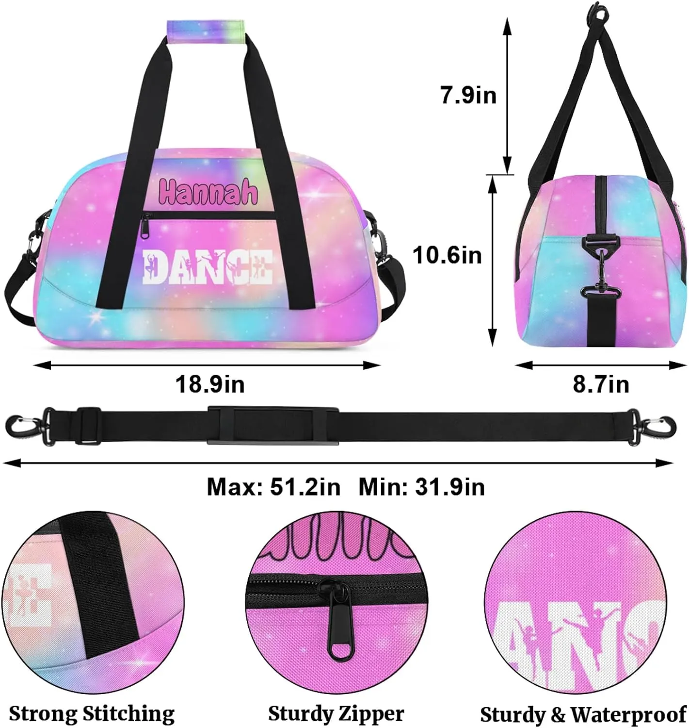 Personalized Dance Bag Gym Bag Custom Travel Overnight Bag Waterproof Sport Bag Lightweight Carry-On Tote for Women Men 18.9in, Rainbow Sparkly