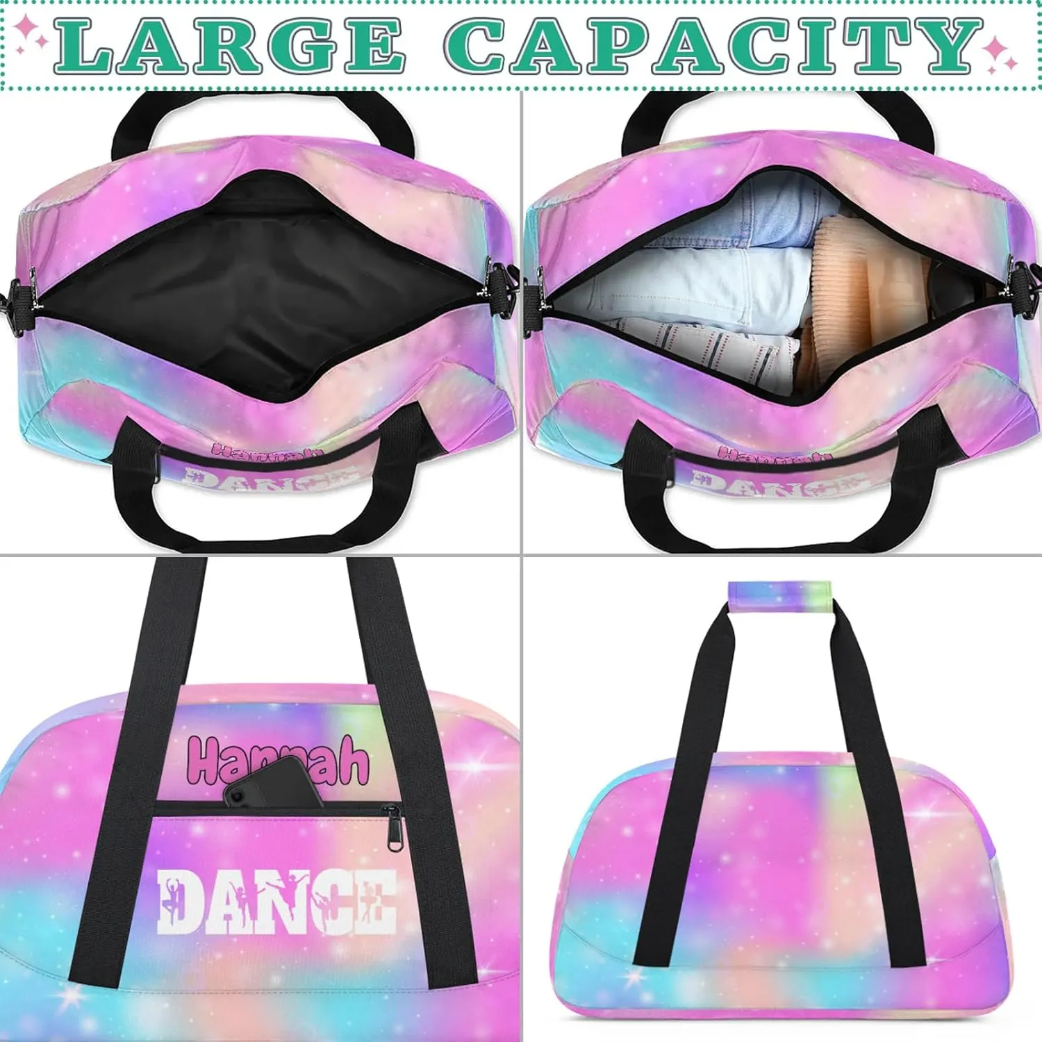 Personalized Dance Bag Gym Bag Custom Travel Overnight Bag Waterproof Sport Bag Lightweight Carry-On Tote for Women Men 18.9in, Rainbow Sparkly