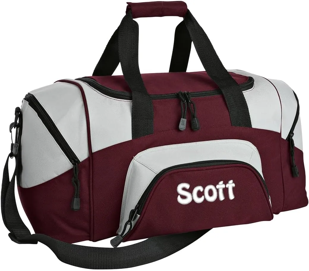 Personalized Duffel Bag, Men and Women, Custom Sport Bag with Monogrammed Name, Soccer, Basketball, Baseball, Football, Maroon/Grey