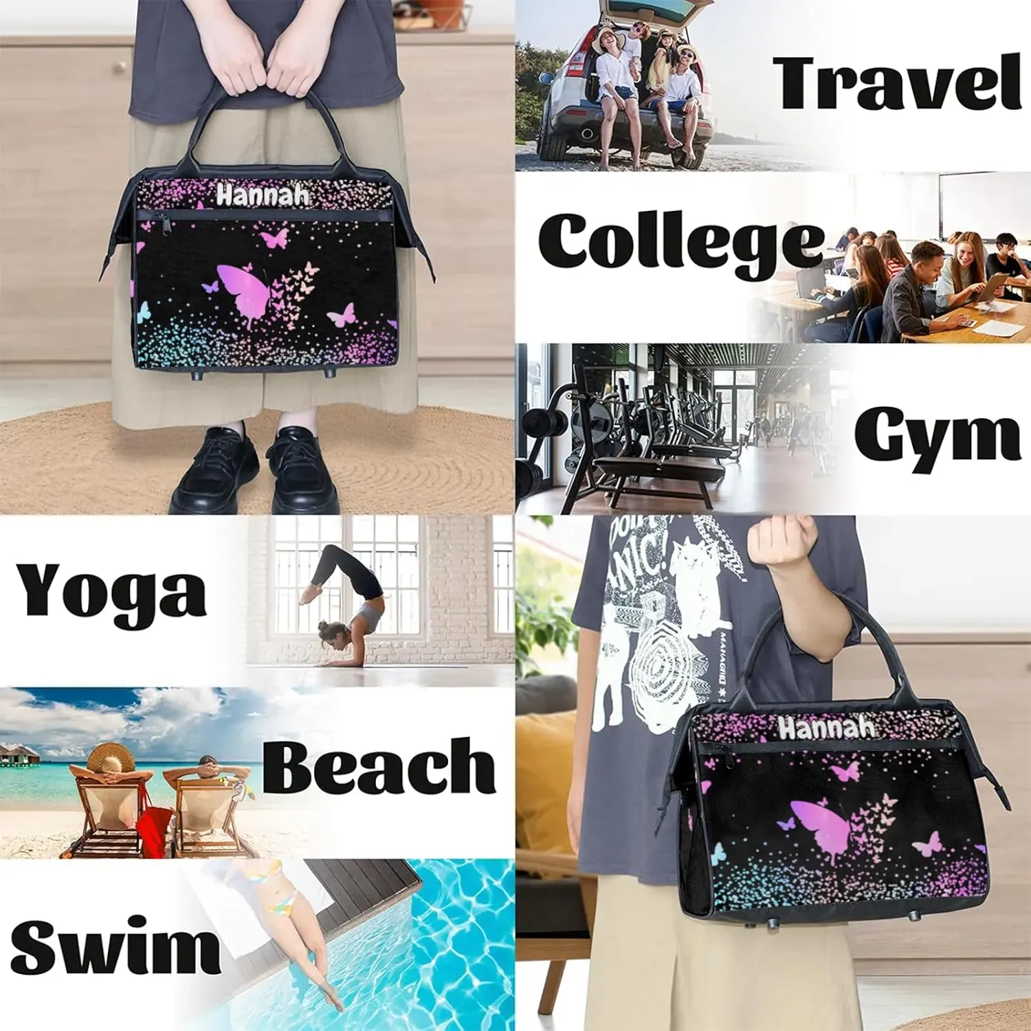 Personalized Duffel Bag with Name Butterfly Custom Travel Sports Bag for Women Men Waterproof Dance Ballet Bag Lightweight 15.2in, Rainbow Sparkly