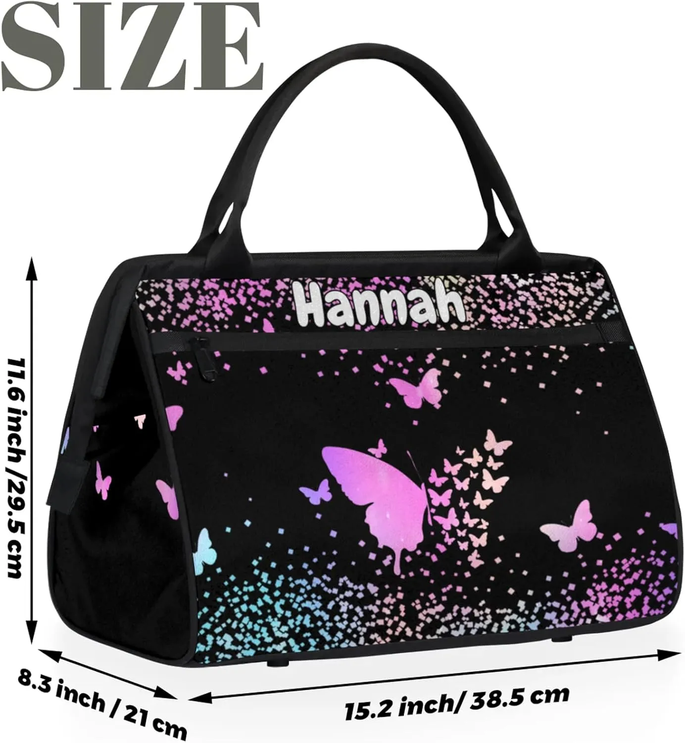 Personalized Duffel Bag with Name Butterfly Custom Travel Sports Bag for Women Men Waterproof Dance Ballet Bag Lightweight 15.2in, Rainbow Sparkly