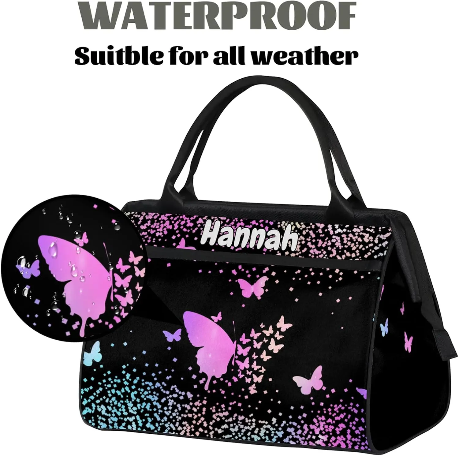 Personalized Duffel Bag with Name Butterfly Custom Travel Sports Bag for Women Men Waterproof Dance Ballet Bag Lightweight 15.2in, Rainbow Sparkly