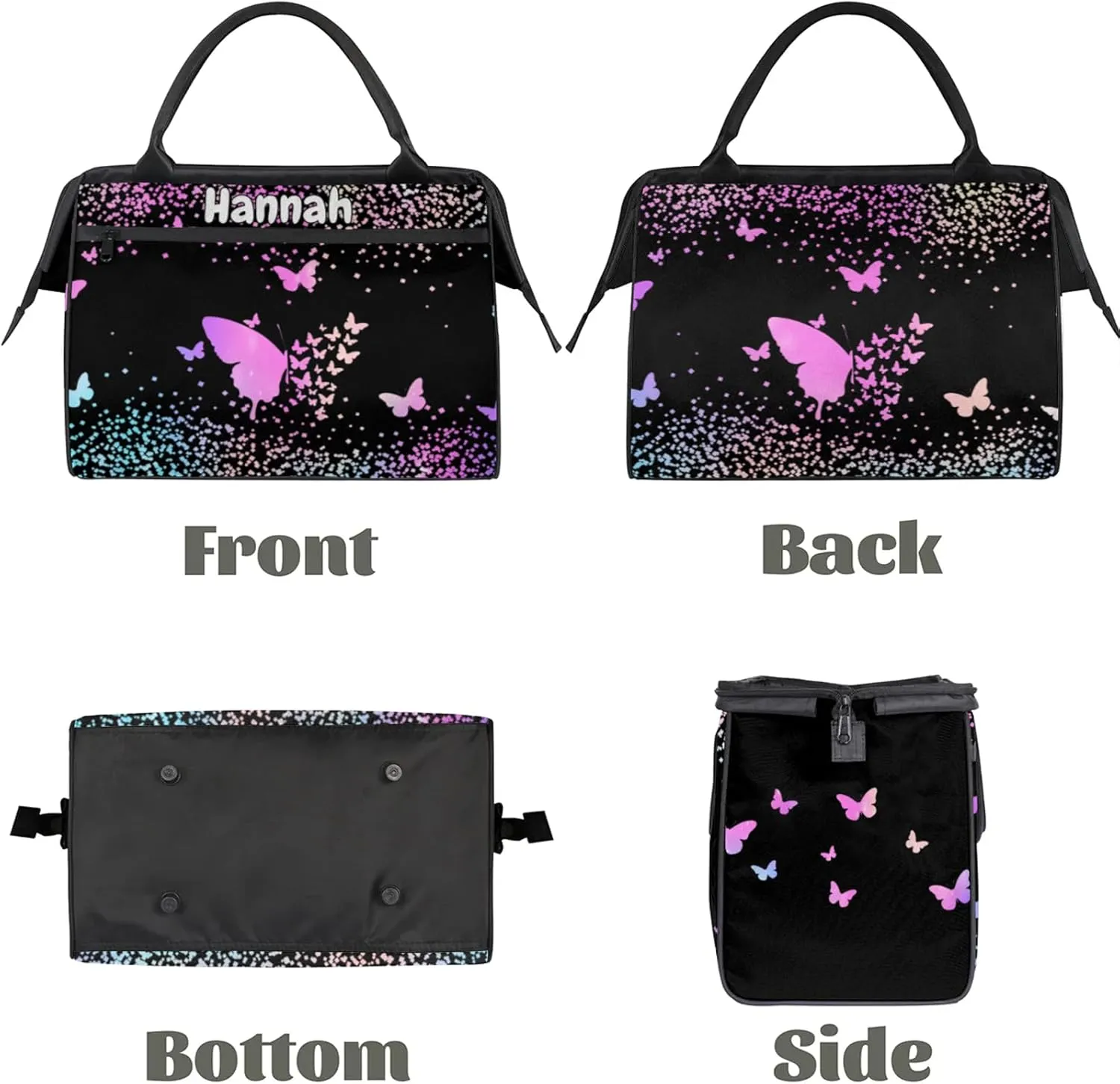 Personalized Duffel Bag with Name Butterfly Custom Travel Sports Bag for Women Men Waterproof Dance Ballet Bag Lightweight 15.2in, Rainbow Sparkly