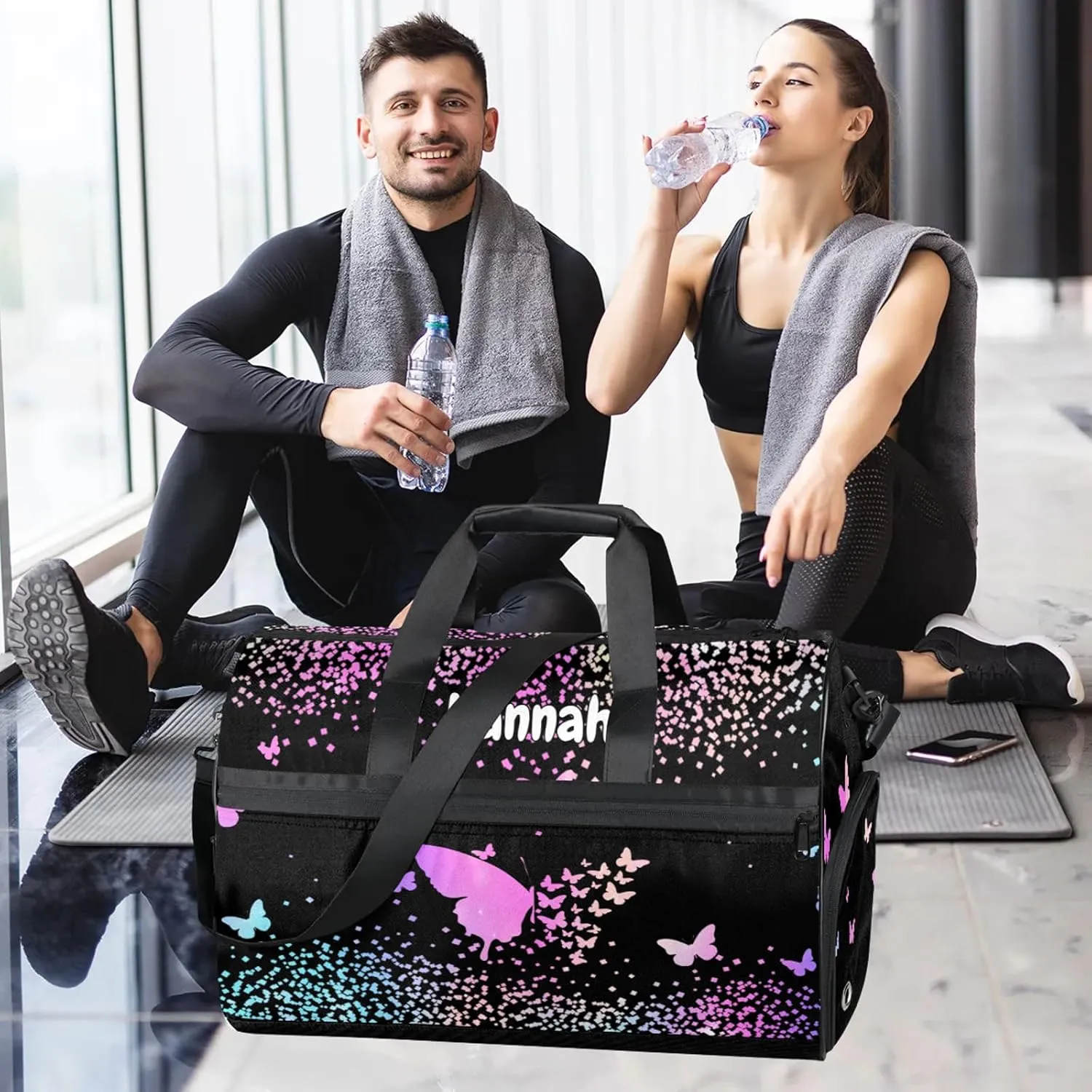 Personalized Duffel Bag with Name Butterfly Custom Travel Sports Bag with Shoes Compartment for Women Men Waterproof Dance Ballet Bag Lightweight, Rainbow Sparkly
