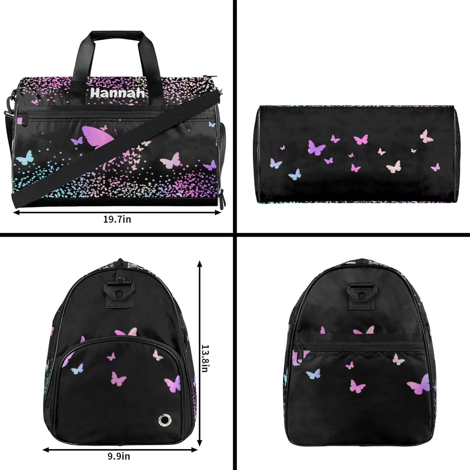 Personalized Duffel Bag with Name Butterfly Custom Travel Sports Bag with Shoes Compartment for Women Men Waterproof Dance Ballet Bag Lightweight, Rainbow Sparkly
