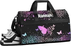 Personalized Duffel Bag with Name Butterfly Custom Travel Sports Bag with Shoes Compartment for Women Men Waterproof Dance Ballet Bag Lightweight, Rainbow Sparkly