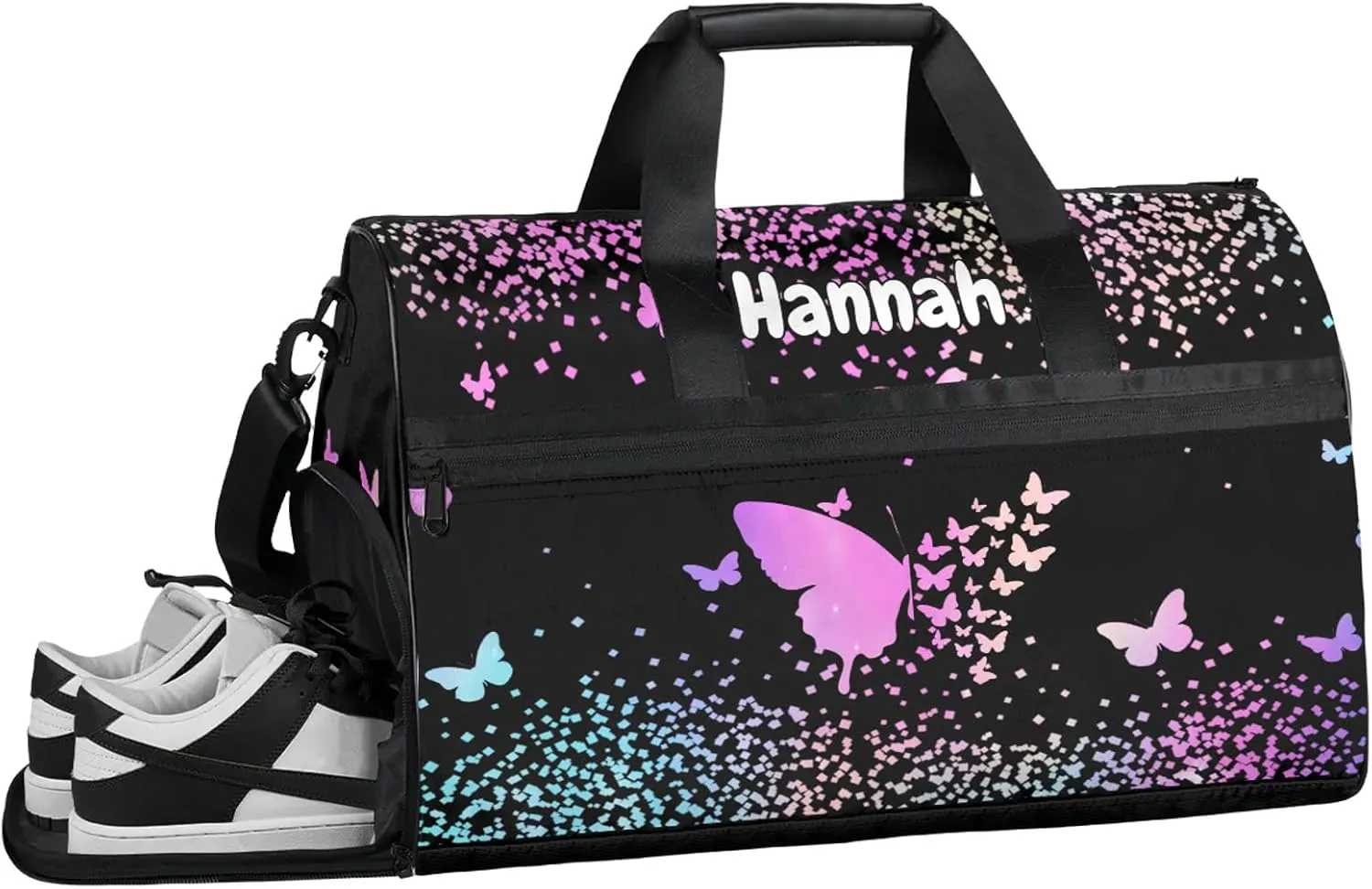 Personalized Duffel Bag with Name Butterfly Custom Travel Sports Bag with Shoes Compartment for Women Men Waterproof Dance Ballet Bag Lightweight, Rainbow Sparkly
