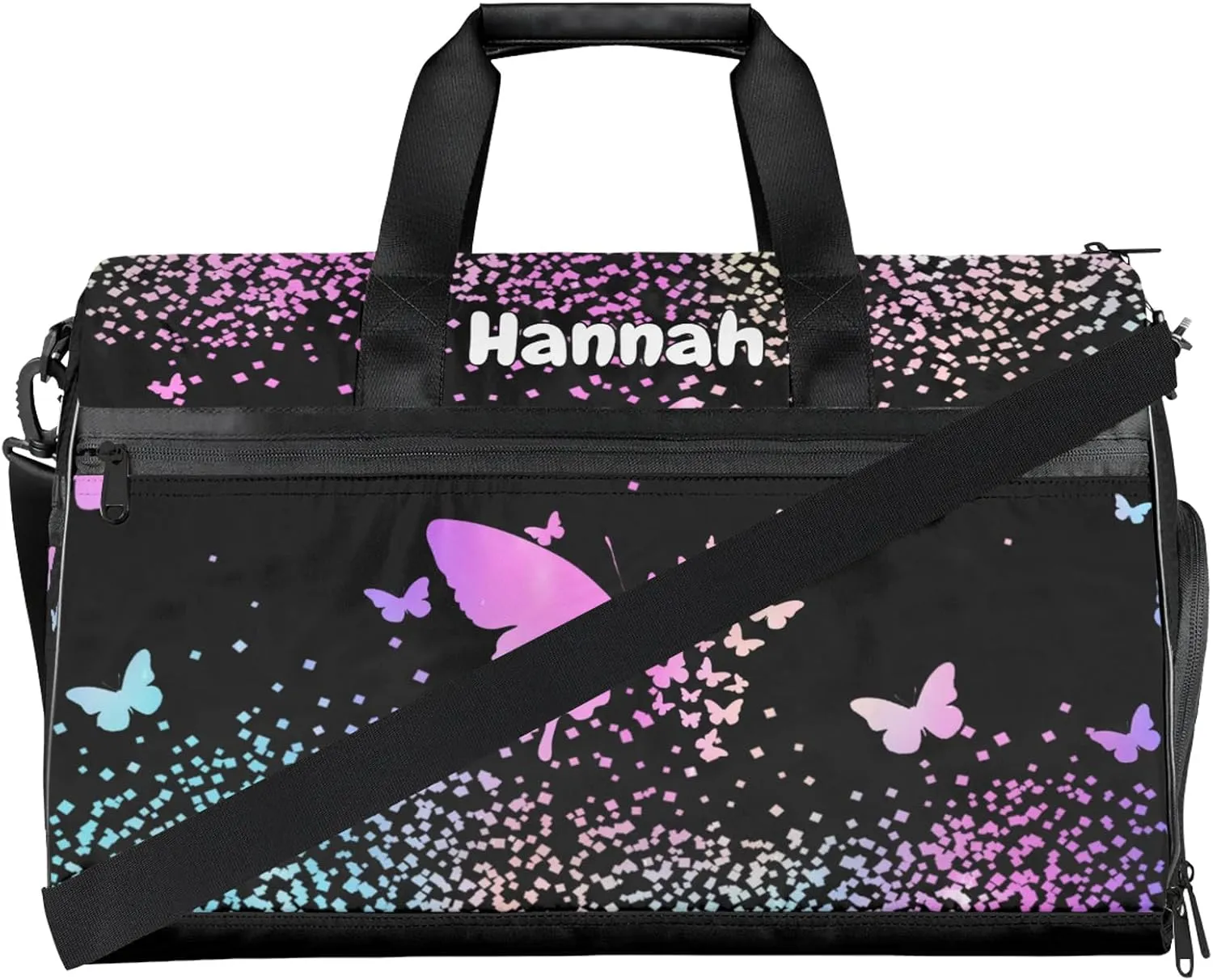 Personalized Duffel Bag with Name Butterfly Custom Travel Sports Bag with Shoes Compartment for Women Men Waterproof Dance Ballet Bag Lightweight, Rainbow Sparkly