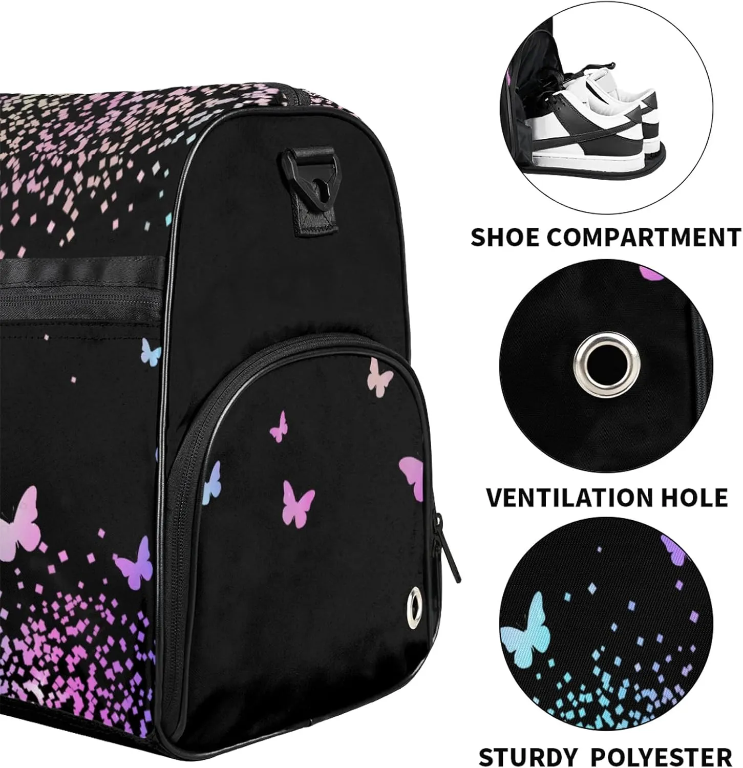 Personalized Duffel Bag with Name Butterfly Custom Travel Sports Bag with Shoes Compartment for Women Men Waterproof Dance Ballet Bag Lightweight, Rainbow Sparkly